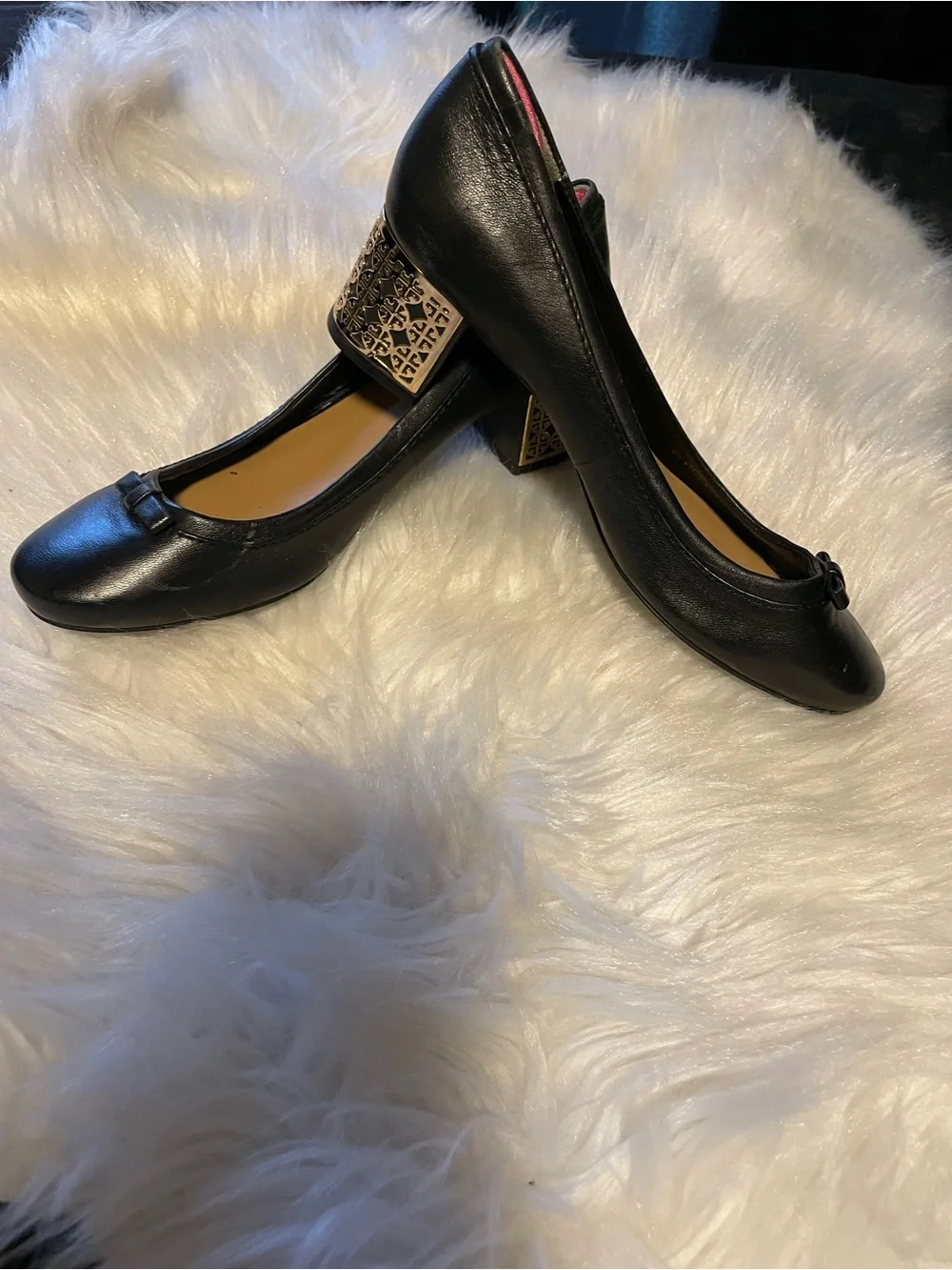 Tory Burch Elegant Classic Black Leather Block Heel Pumps with Decorative Heel